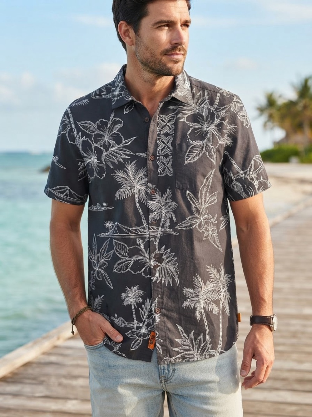 Quiksilver Waterman Collection Black Tropical Palm Leaf Button Down Shirt M